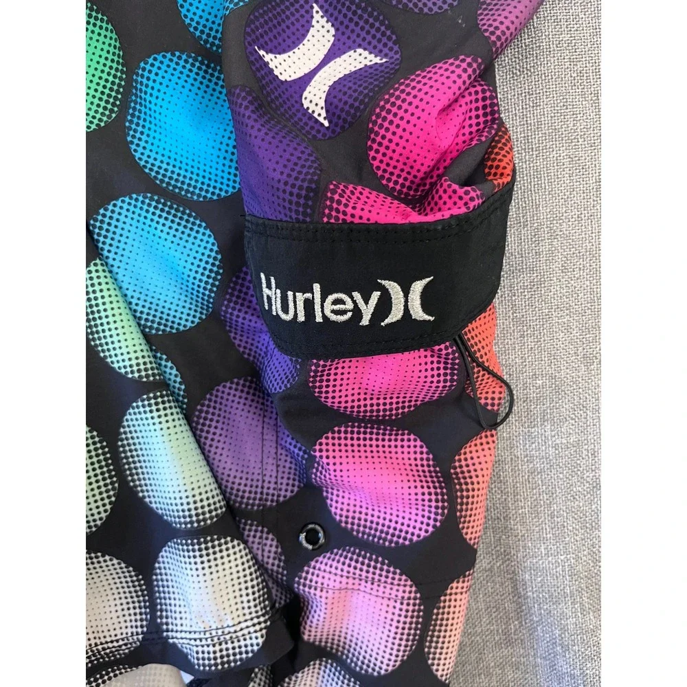 Hurley Mens Board Short Rainbow Polka Dot Black Swim Trunks Size 32 Cargo Pocket